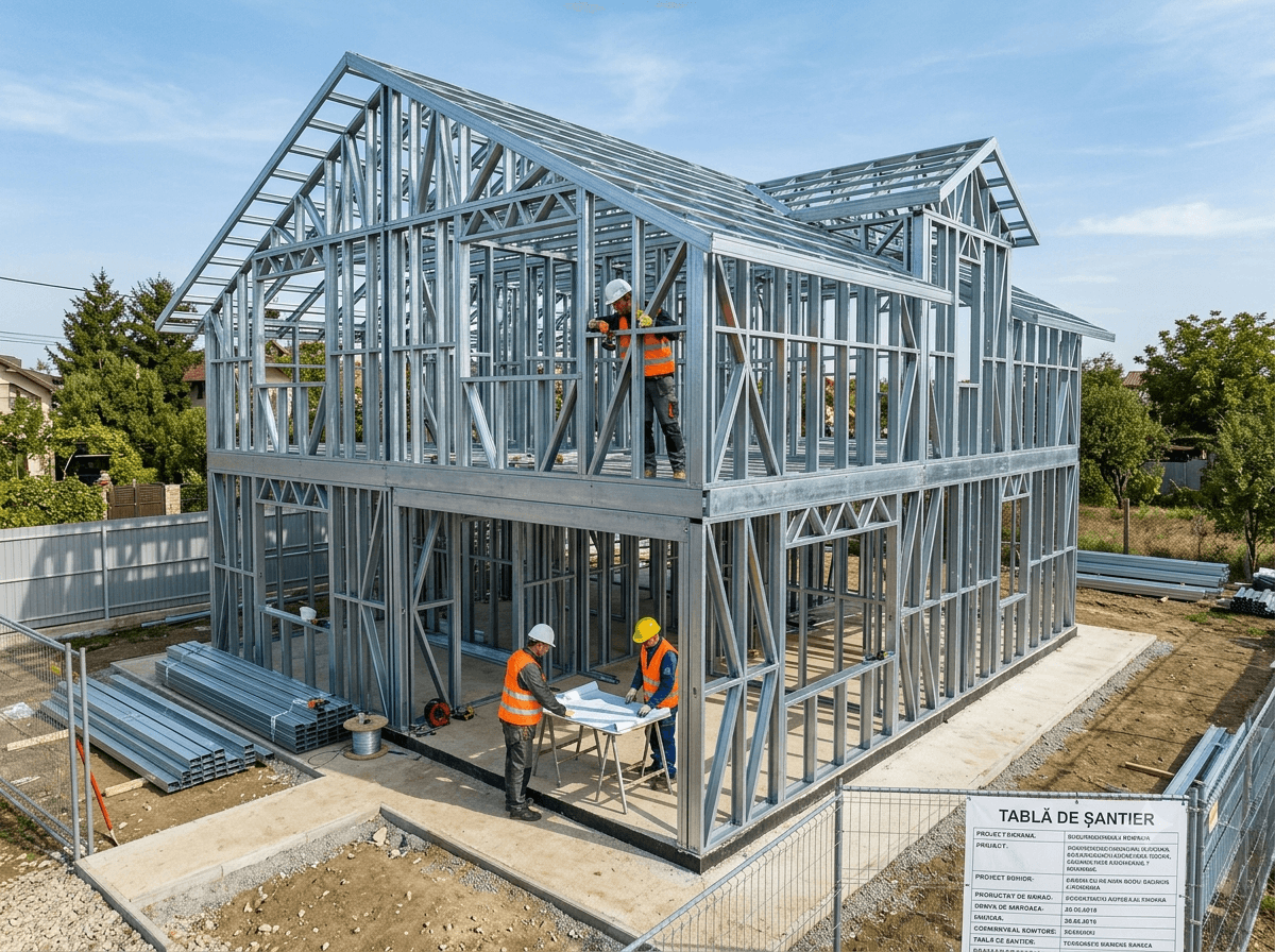 Ilustrație: structura metalică ușoară a unei case cu etaj, în montaj
